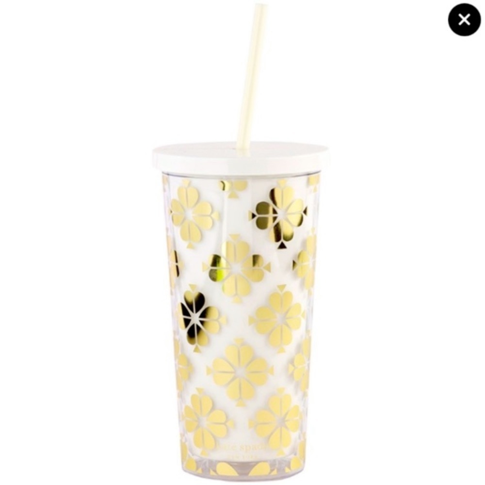 NWT, Kate Spade New York Gold Spade Flower 20 oz Tumbler with Straw.